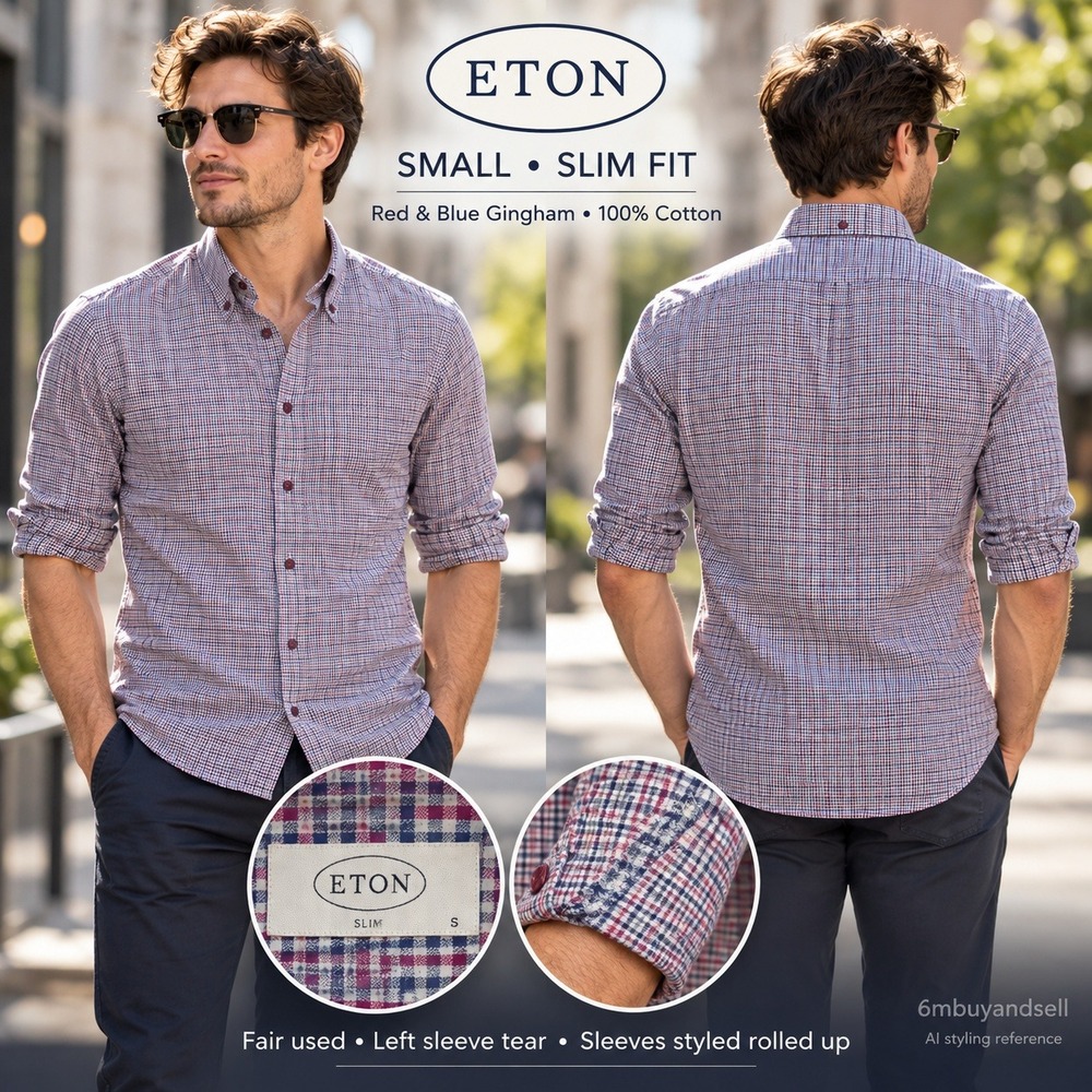 Eton Slim Fit Gingham Check Button Down Shirt Mens Small 38 Red Blue Cotton